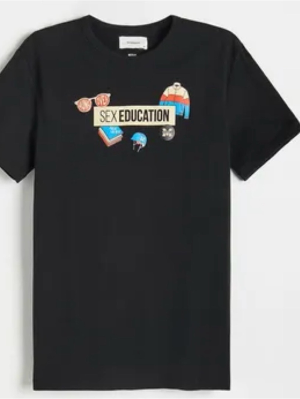 Reserved Black 'Sex Education' Graphic Tee with Multicolor Icons